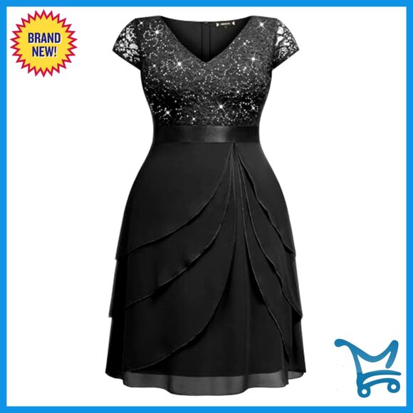 Sequin Lace V-Neck Tiered Chiffon Cocktail Dress Plus Size Elegant Party - Picture 5 of 7